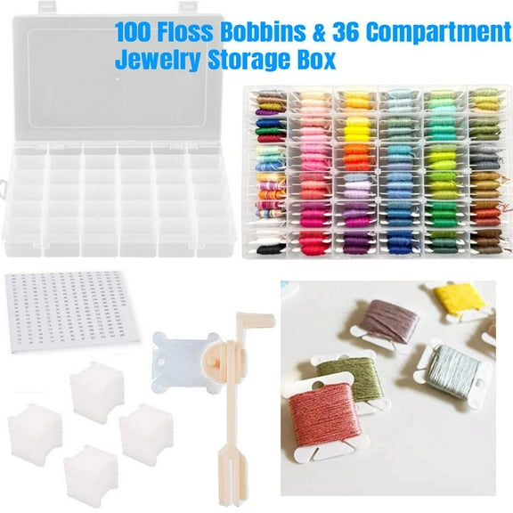 Embroidery Floss Organizer, Cross Stitch Thread Storage Box Tools - Bobbin Winder, 1 Removable 36 Compartments with 100 Floss Bobbins  and Stickers for Craft DIY Embroidery Sewing Storage