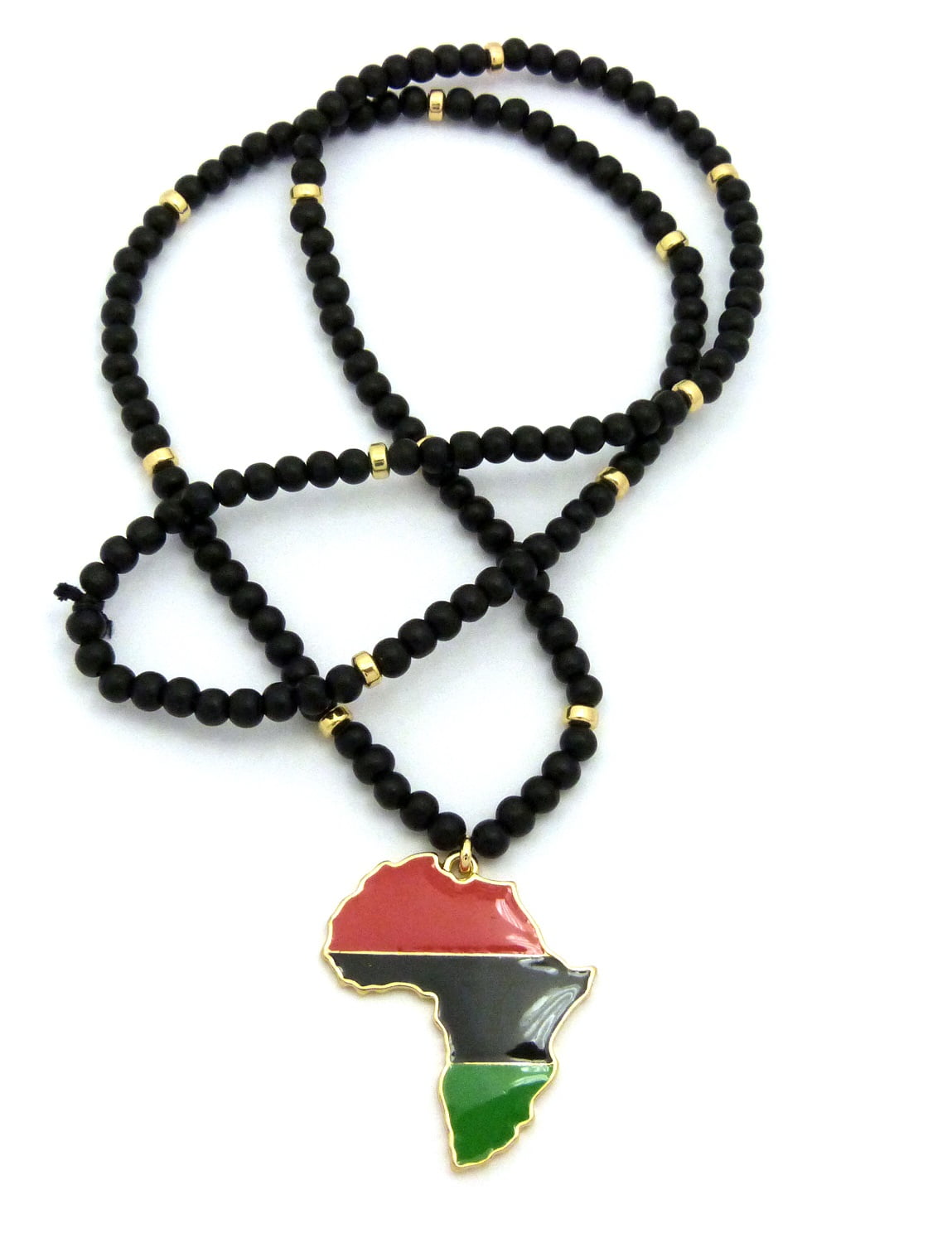 Pan Africa Continent Pendant w/6mm 30' Black Wood Bead Color Disc Necklace, RD/BK/GR, Gold-Tone