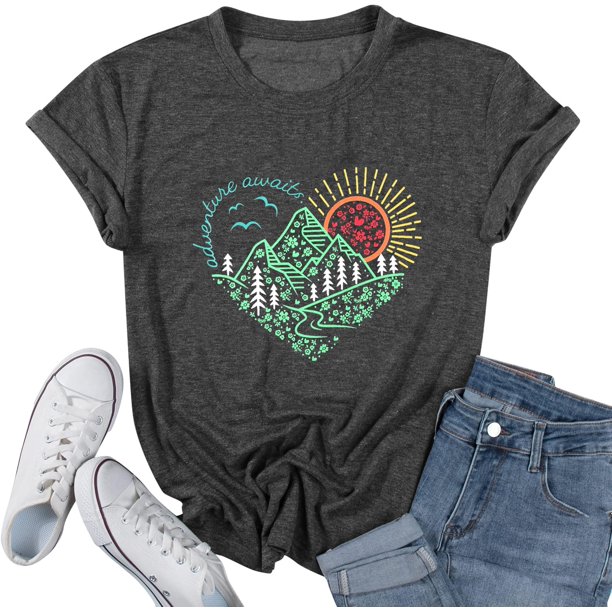 Camiseta Jorlyen Adventure Awaits Kindness Heart para mujer, color gris XL