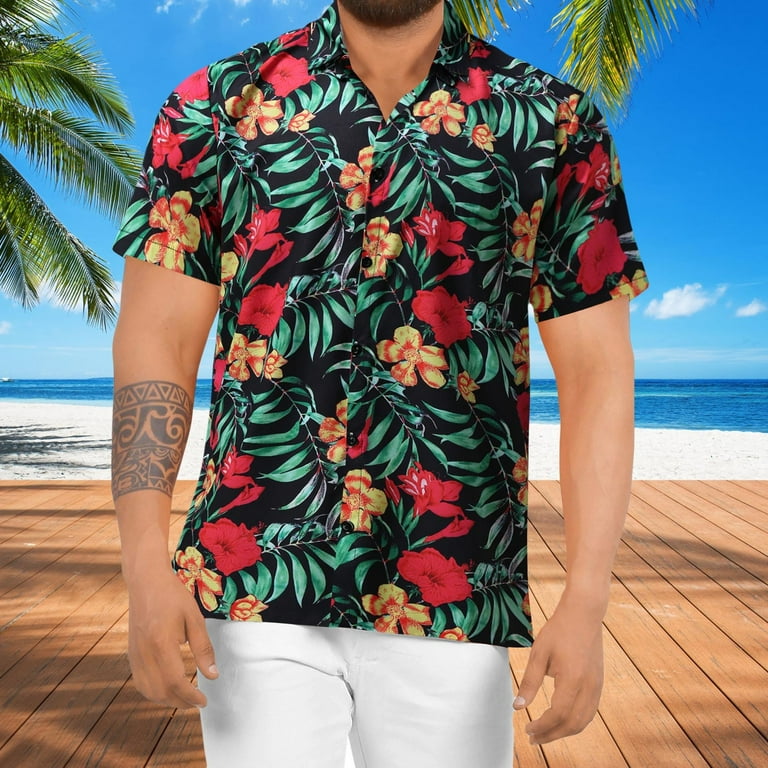 Vsssj Button Down Shirts for Men Oversized Fit Colorful Floral Printed Short Sleeve Collared Button Down Tee Top Summer Beach Vacation T-shirts Red L