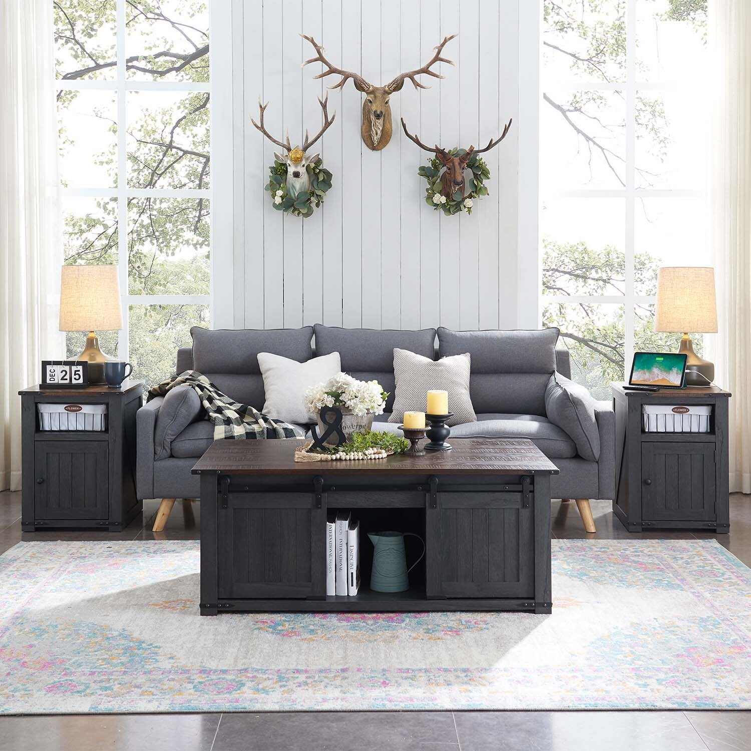 IFGET Farmhouse Nightstand with Charging Station, End Table with Banr Door Storage Cabinet & USB Ports & Power Outlets for Bedroom Living Room