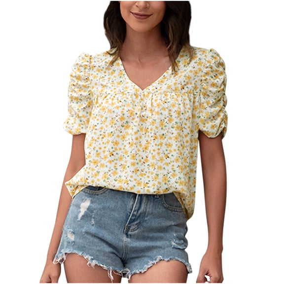 Onlywo Blouses for Women Plus Size， Fashion Women Summer V Neck Blouse Short Sleeve Floral Print Loose Pullover Casual Loose Comfy Shirt Tops