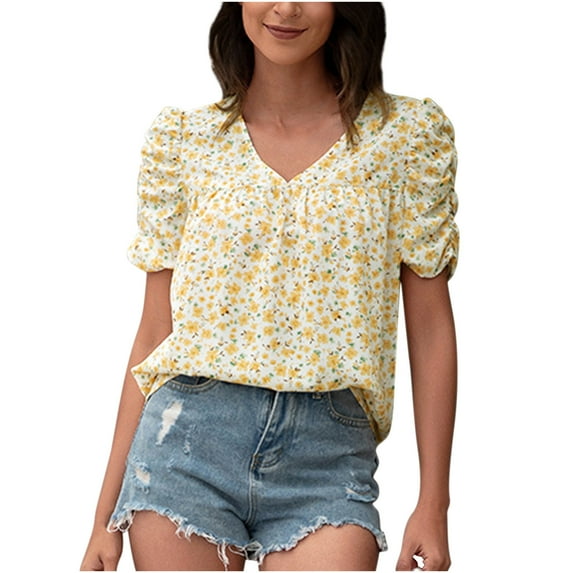 Onlywo Blouses for Women Plus Size, Fashion Women Summer V Neck Blouse Short Sleeve Floral Print Loose Pullover Casual Loose Comfy Shirt Tops