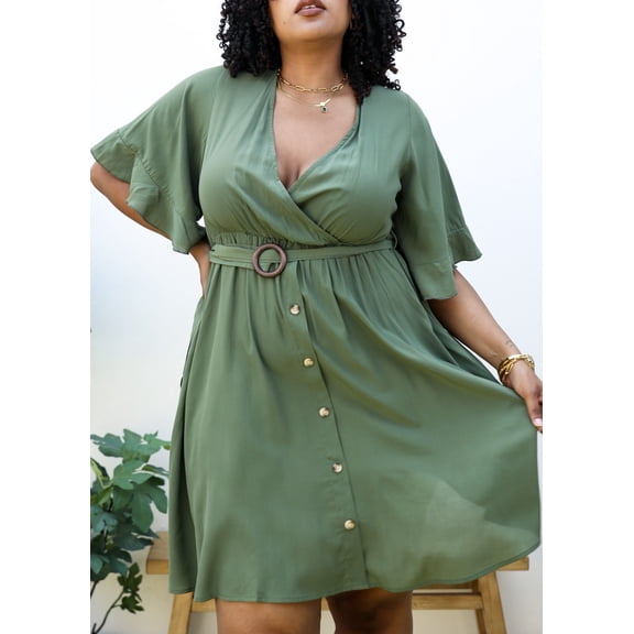 Plus Size O-Ring Tied Belt Waist Butterfly Flare Sleeve Midi Dress,Green,2X-Large