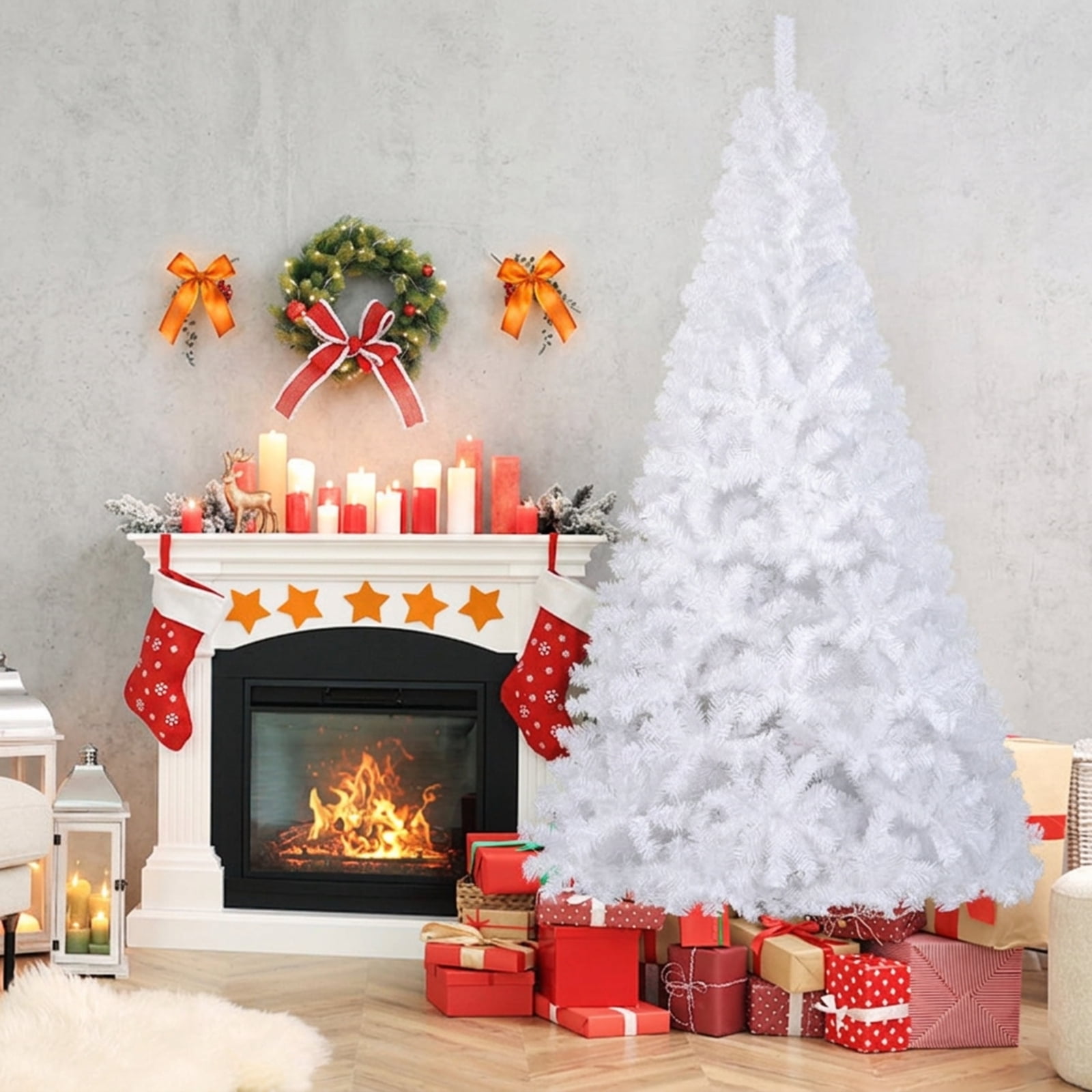 RUIE 7 FT White Artificial Christmas Tree with Sturdy Metal Stand, 950 Lush PVC Tips, Hinged Easy Assembly Holiday Tree for Indoor Home Decoration