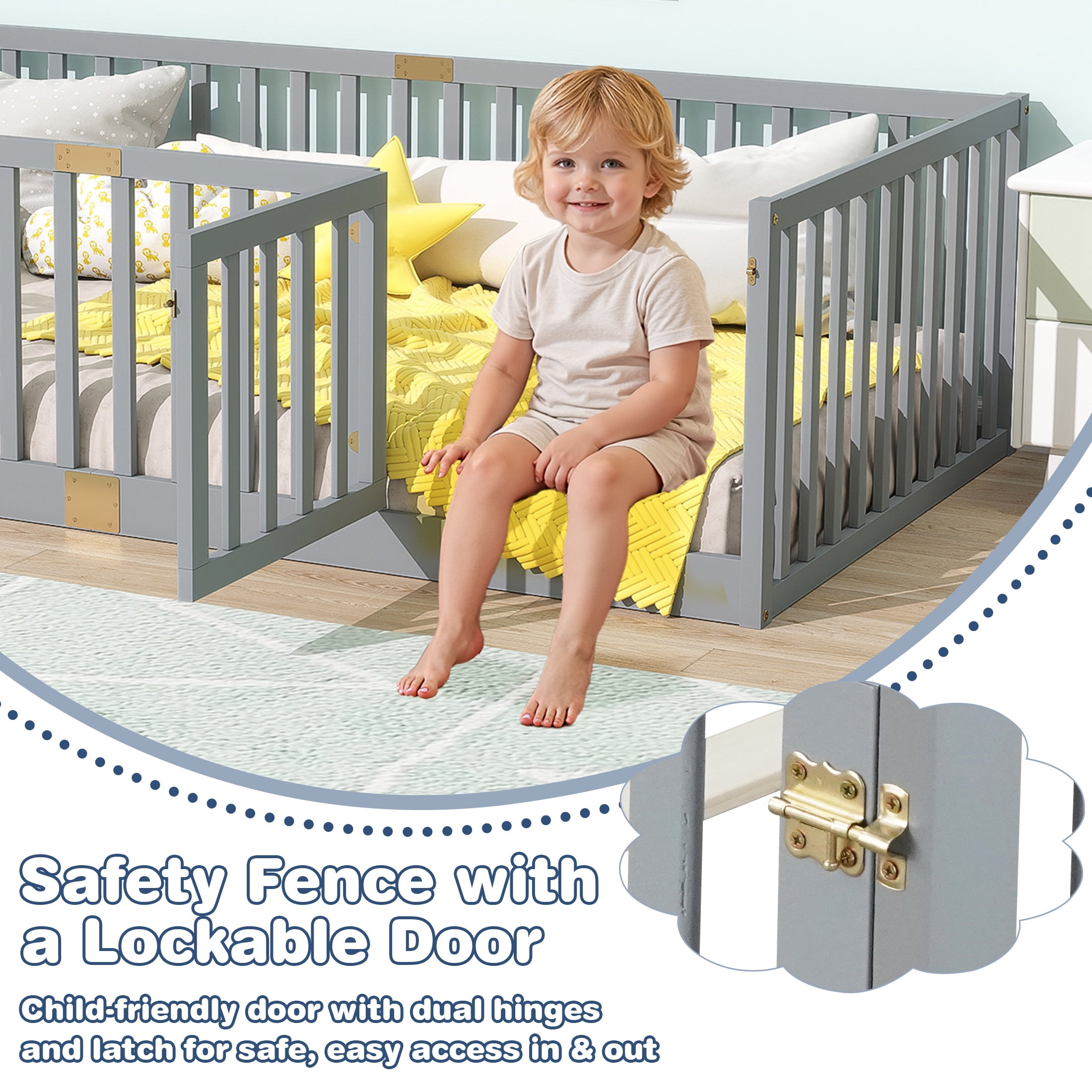 Sesslife Twin Size Floor Bed with High Fence & Door, Wood Twin Bed Frame with Salts and 21.5” Safety Guardrails, Twin Floor Bed for Boys Girls, No Box Spring Needed, Grey