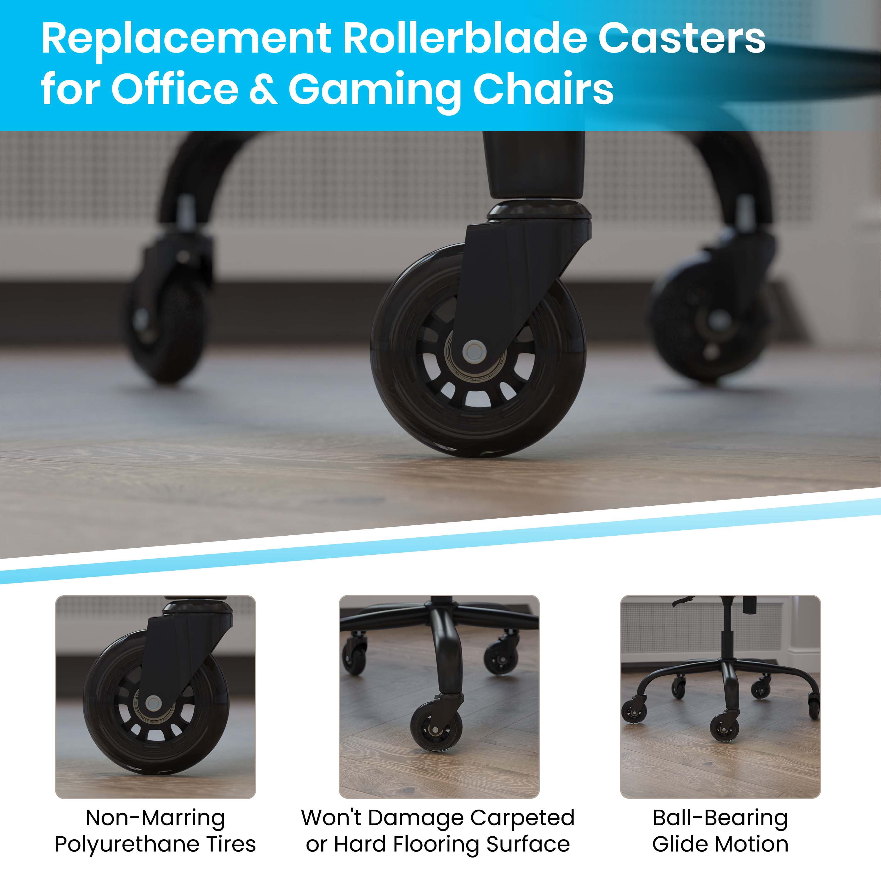 BizChair Transparent Polyurethane Replacement Rolling Wheels for Gaming and Office Chairs Suitable for Hardwood Floors & Carpet - Set of 5