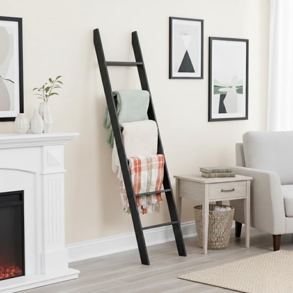 Blanket Ladder for The Living Room and Bedroom, 5ft 8 inch, 6-Tier Wall Leaning Laminate Snag Free Material (Black) Rustic Decorative Farmhouse Blanket Rack, Quilt Rack, Ladder Shelf, Easy Assembly