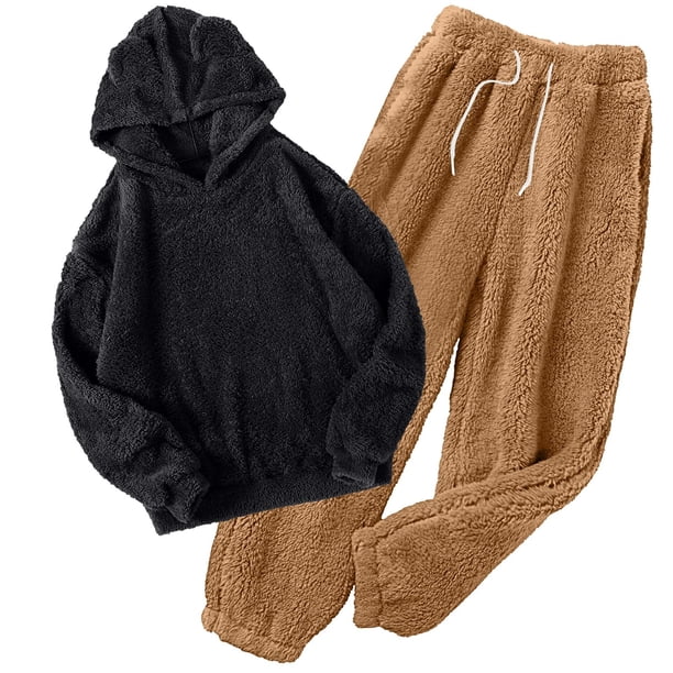 Puntoco Conjunto de pijama cómodo para mujer, ropa de dormir para el hogar para hombres y mujeres, conjunto de 2 piezas con capucha y funda cálida de invierno, conjunto de color sólido