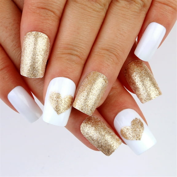 24 Pcs Valentines Day Stick On Nail Solid Color Press On Nail Heart Acrylic Nail Medium Full Cover Artificial Nail