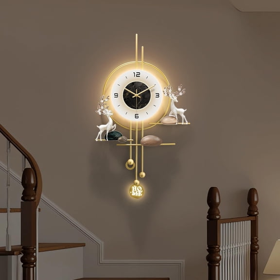Gold Wall Clock for Living Room,Large Gold Decorative Wall Clock with Light,Creative Silent Wall Clocks Decorative for Kitchen/Entryway/Bedroom/Office Metal Wall Decor