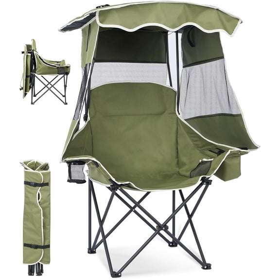 WDZS Beach Chair with Canopy Shade,Portable Folding Camping Chair with Cooler Bag & Cup Holder, Reclining Beach Loungers for Adults Outdoor Camp,Sports,Beach, Tailgates, Fishing