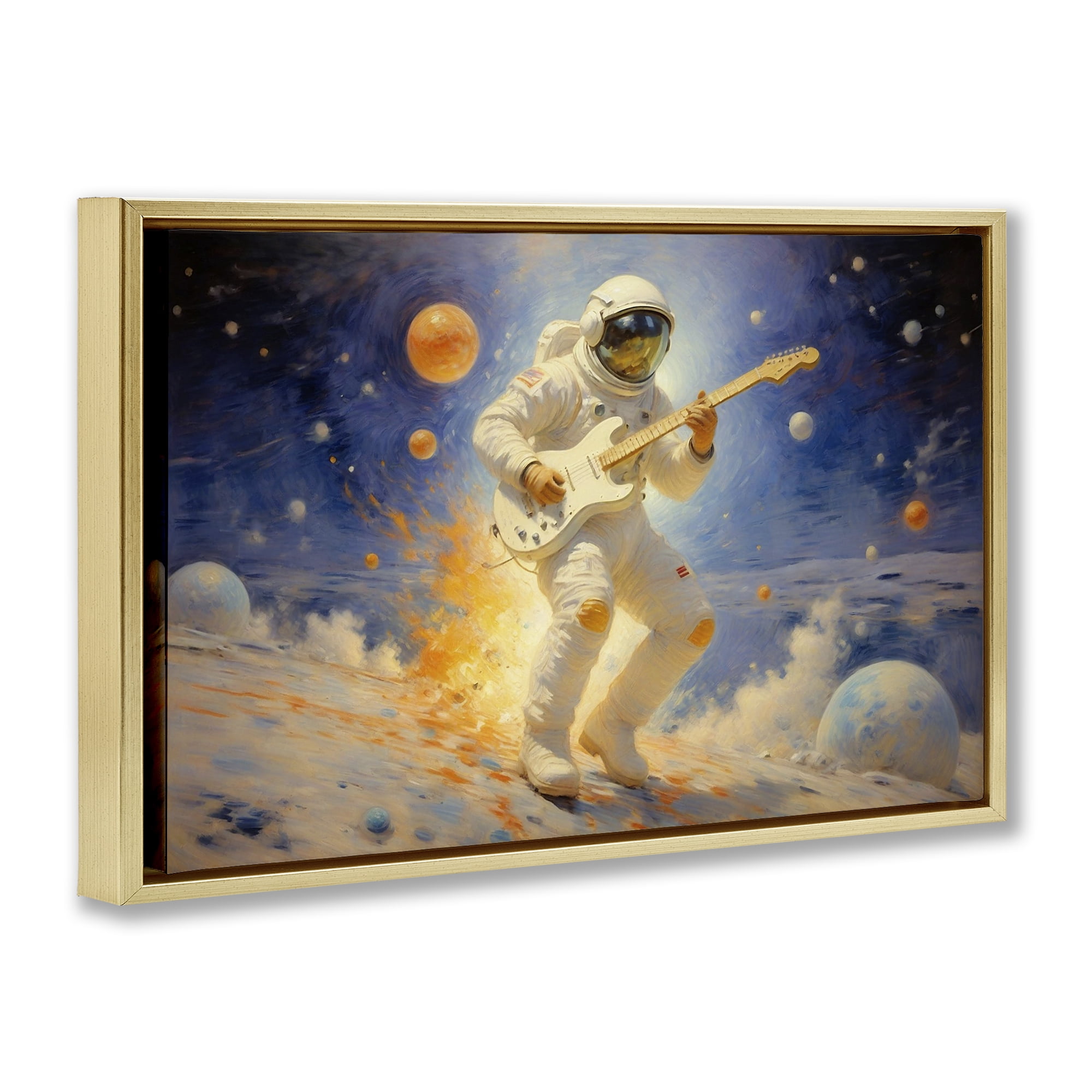 Space Astronaut Musician Gold Framed Floater Canvas Wall Art, design by Angie Hawke