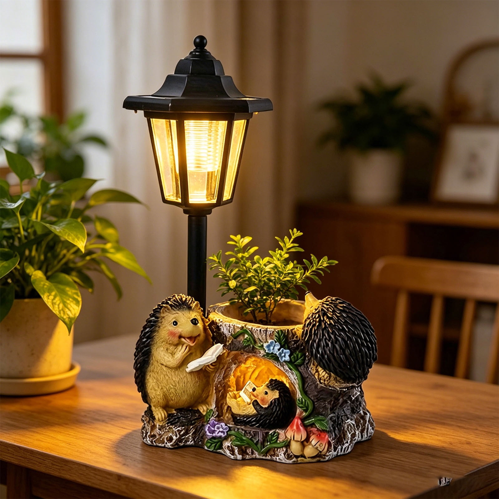 Hedgehog Resin Garden Statue, Solar Night Light Sculpture, Creative Flower Pot Decor, Waterproof Outdoor Ornament for Balcony Courtyard Villa Garden