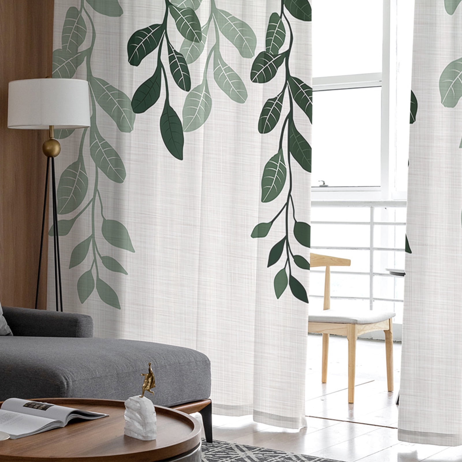 Sheer Curtains 72 inches Long, Plants Gradient Green Leaves Farmhouse Style Linen Texture Light Filtering Sheer Window Curtains Rod Pocket Voile Drapes for Bedroom Living Room, 52"W x 72"L 2 Panels