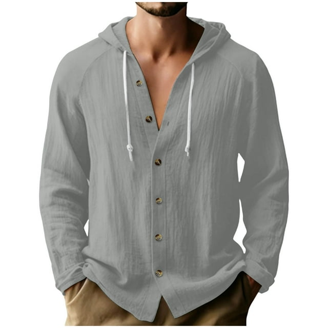 RXMEKW Solid Color Hooded Cardigan for Men with Button Front and Long Sleeves