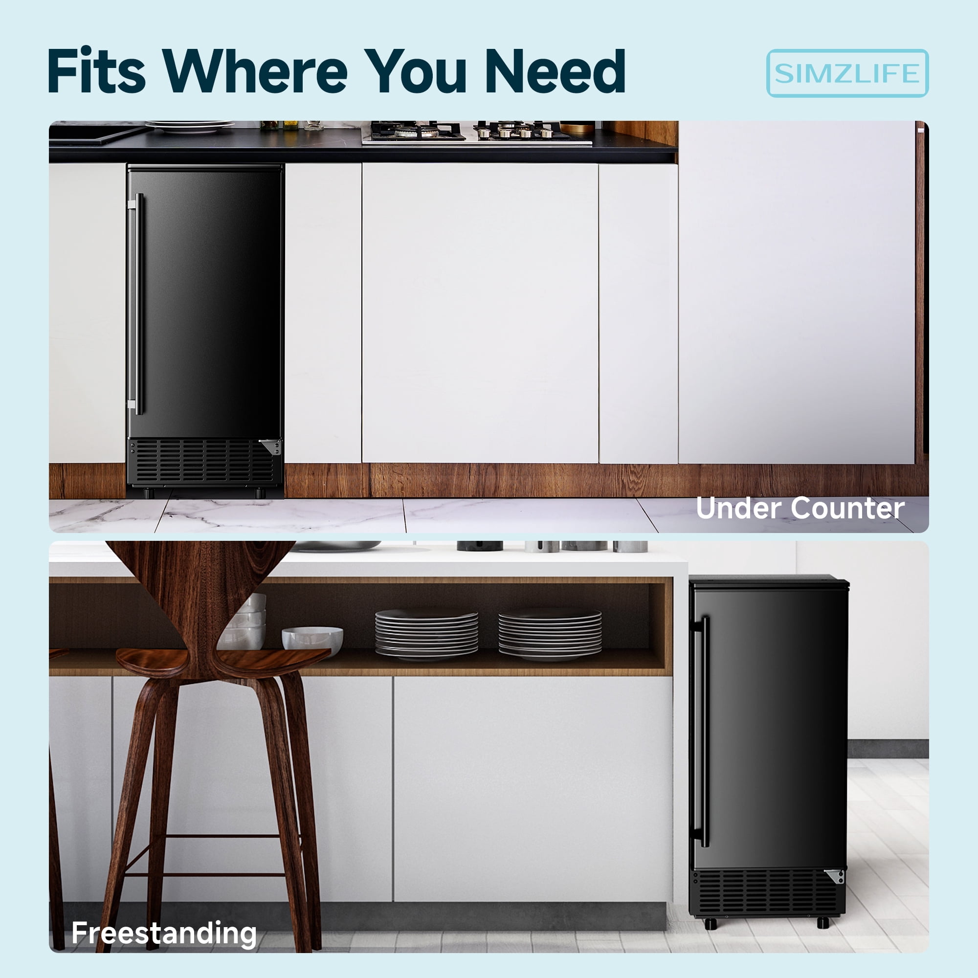 SIMZLIFE Built-in Ice Maker 80Lbs/24H, Under Counter or Freestanding, Self-Cleaning, Kitchen & Bar, Black