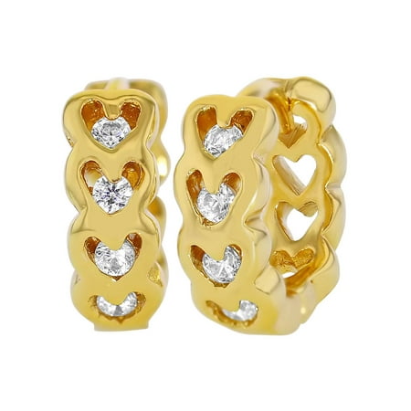 18k Gold Plated Heart Shaped Openwork Clear CZ Huggie Girls Teens Earrings