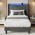thumbnail image 3 of Bed Frame with LED Lights, Twin Size Upholstered Platform Bed with USB Charging Station, Storage Headboard Shelf, Wood Slats, No Box Spring Needed, Easy Assembly, Noise Free, Grey, 3 of 7