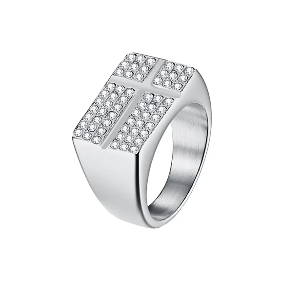 PAMTIER Cross Ring for Men Women Full Pavé Zirconia Square Wide Band Stainless Steel Statement Jewelry Silver Size 9