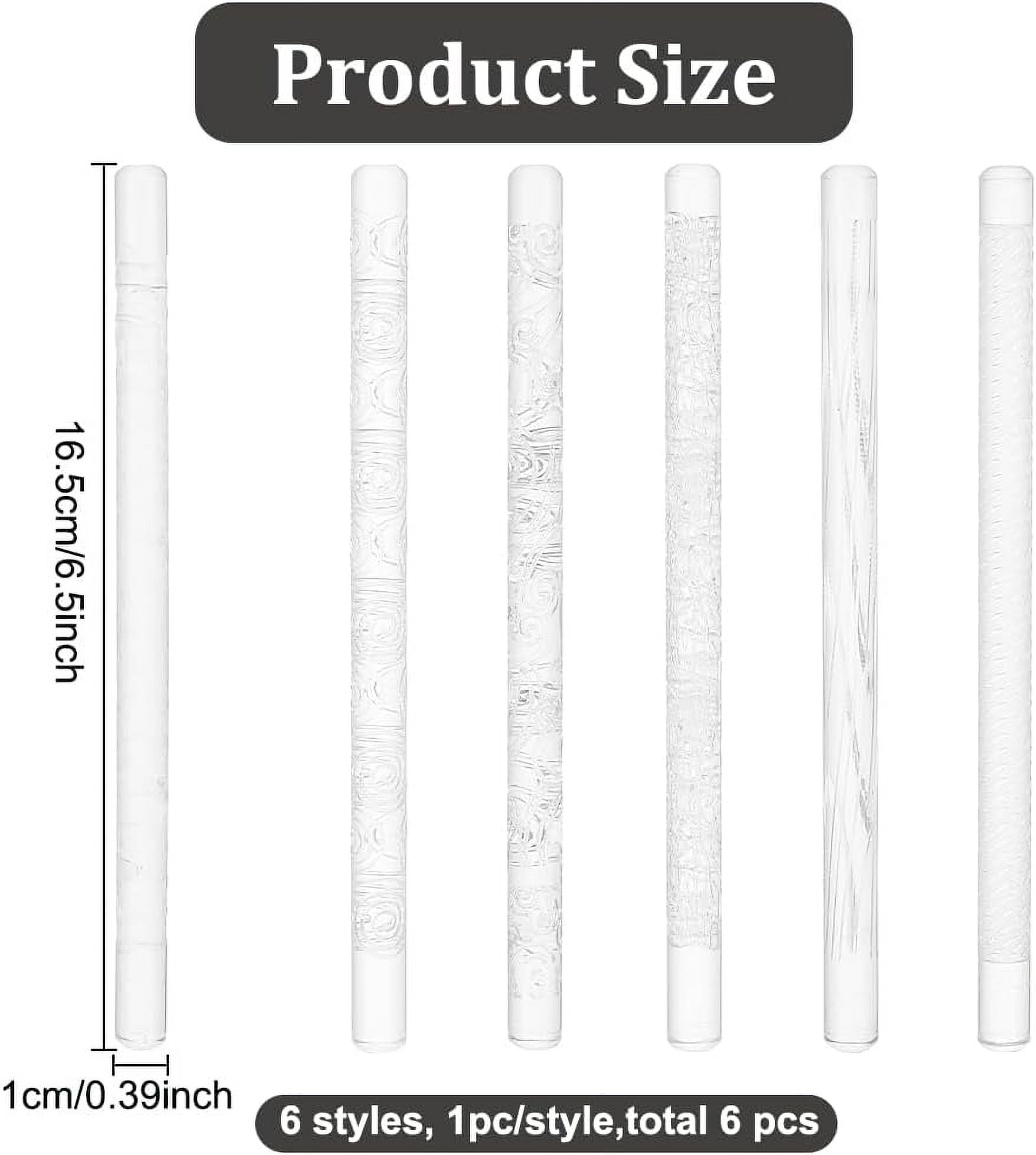 6 PCS Acrylic Embossed Rolling Pin 6.49 inch 3D Pattern Clay Non-Stick Roller for Polymer Clay Earrings Jewelry and DIY Decorative 0.39inch Diameter Clear