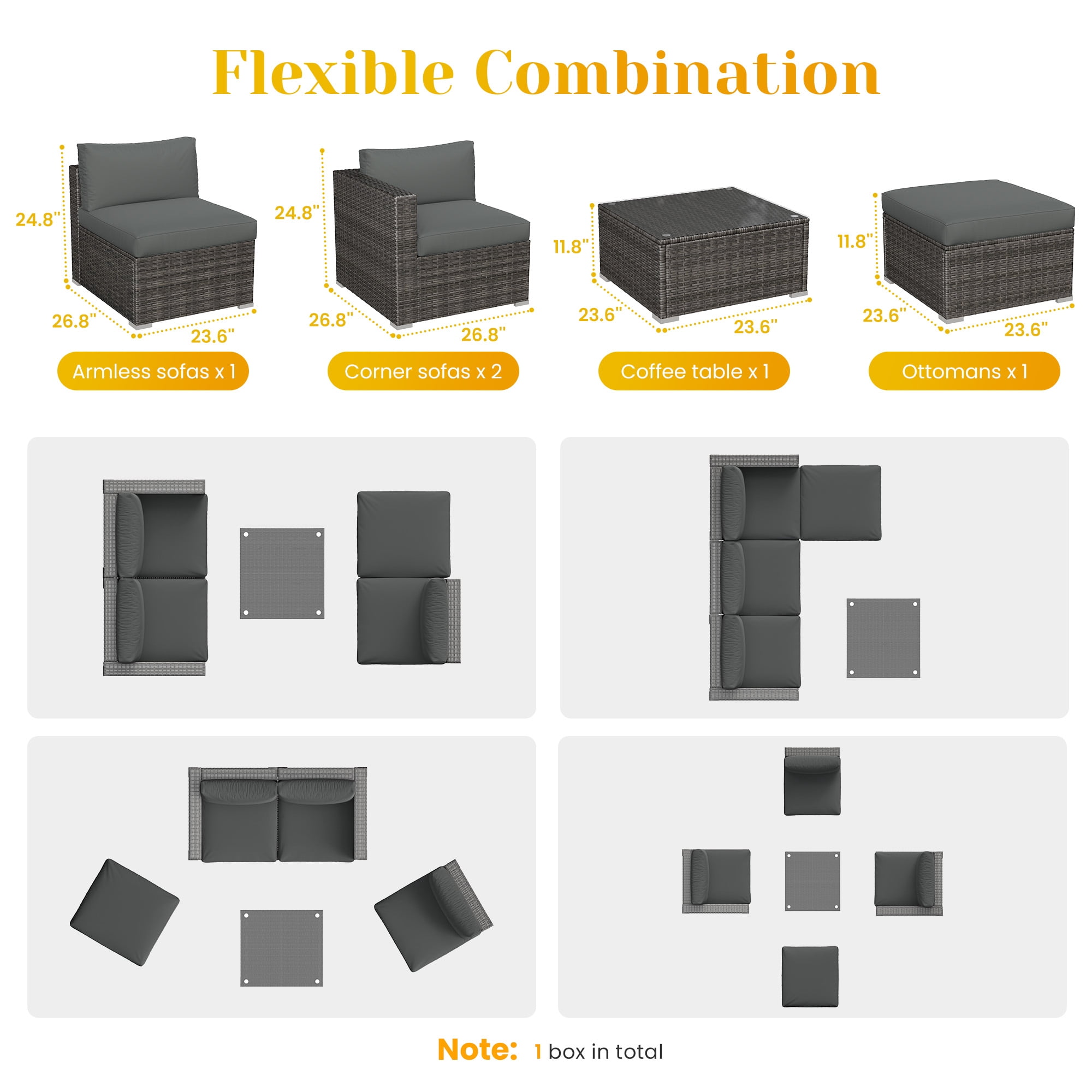 CozyHom 5 PCS Outdoor Patio Wicker Sectional Dining Conversation Set, All Weather Indoor Wicker Sofa Furniture Sets L Shaped Outdoor Couch With Ottoman, Gray