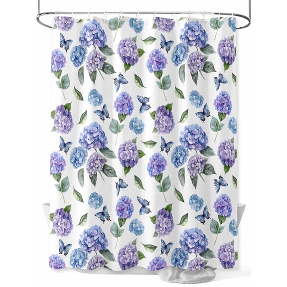 Fsddascl Purple Blue Hydrangea Shower Curtain Set - Small 36" x 72" Washable Bathtub Curtain with 12 Hooks, Watercolor Butterfly Flowers Waterproof Fabric Stall Shower Curtains for Bathroom/Bathtub