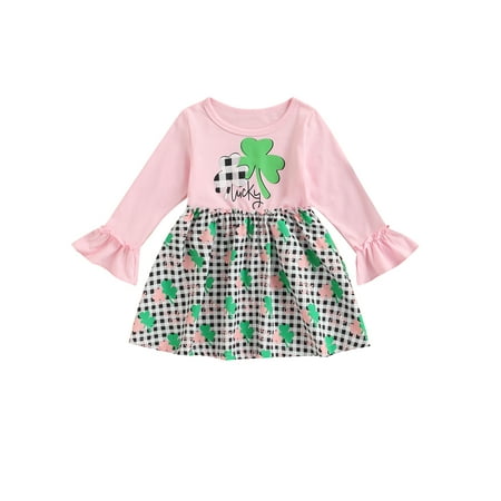 

Frobukio Toddler Kids Girls St. Patrick s Day Dress Long Sleeve Crew Neck Four-leaf Clover Printed Princess Dress Pink 18-24 Months