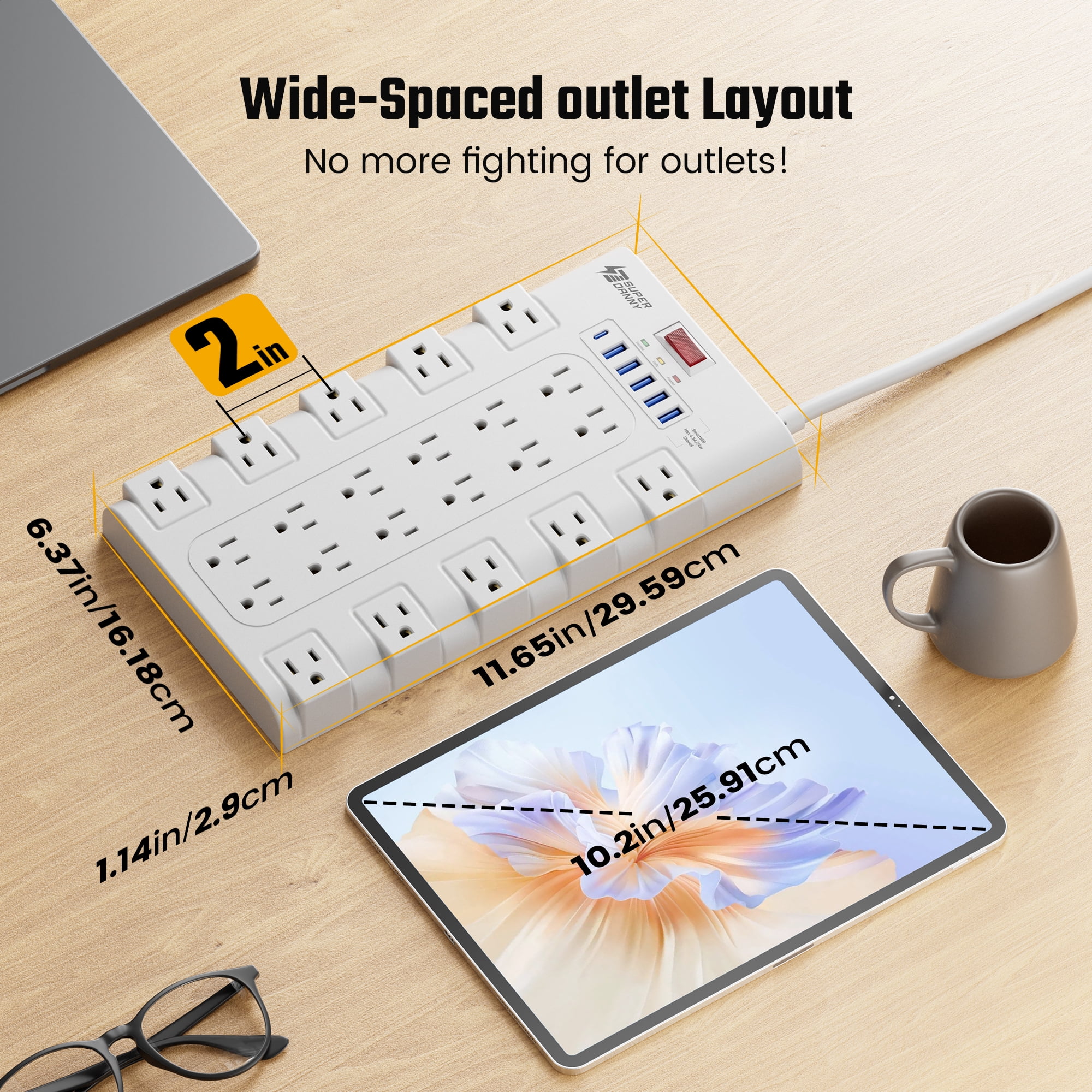 Power Strip with 22 Outlet and 6 usb ports with Cable Manager, 5.5 Ft Long Cord,White