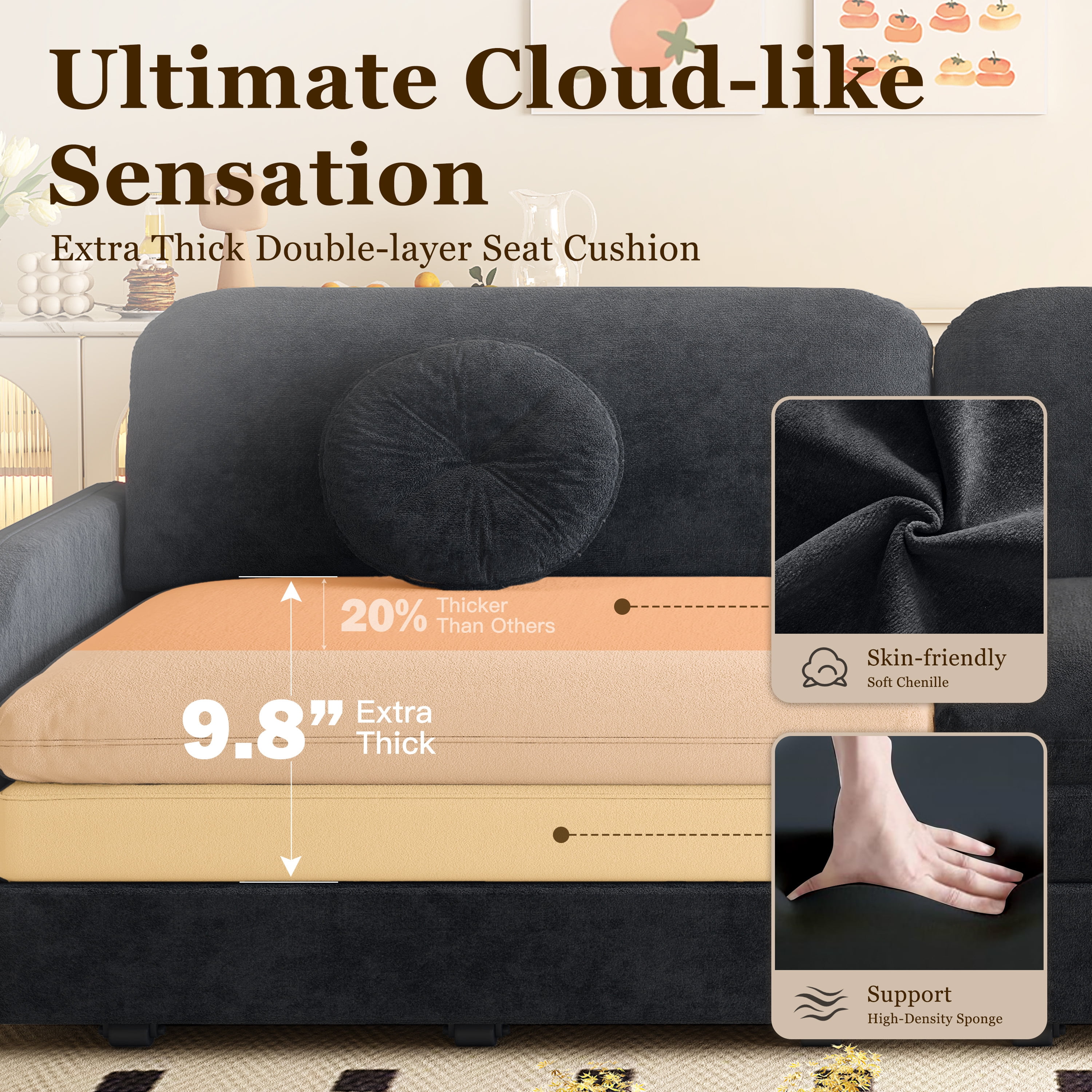 Alvantor 52" W Convertible Sleeper Sofa Bed Chenille Pull Out Loveseat with Side Pocket & USB Port & Pillows for living room, Apartment, Black