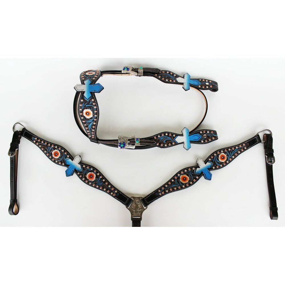 Horse Tack Bridle Western Leather Headstall Breast Collar Turquoise