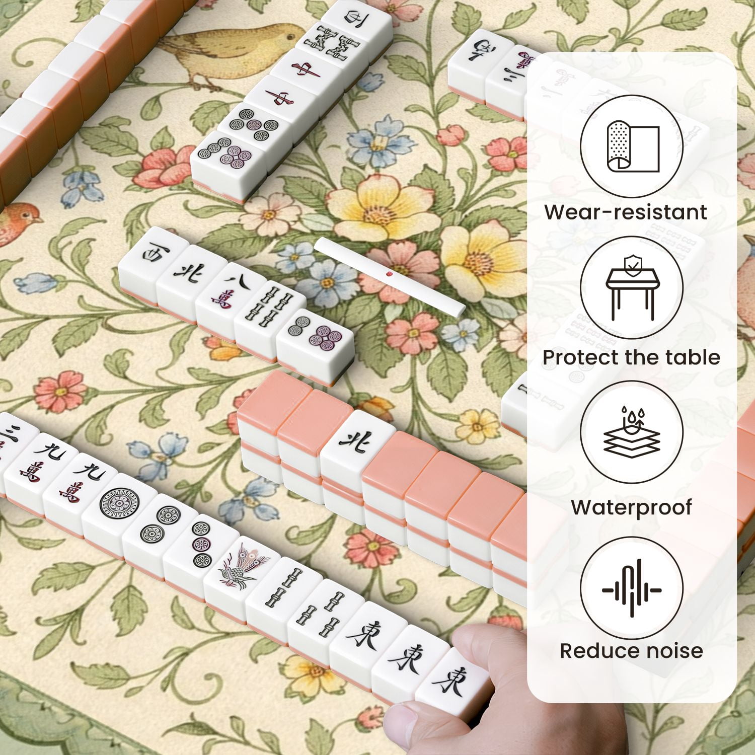 Mahjong Mat 31.5" x 31.5" Floral Vintage Birds Delicate Flowers Non-Slip Noise Reduction Mahjong Tiles Table Cover for Dominoes Poker Card Board and Tile Games
