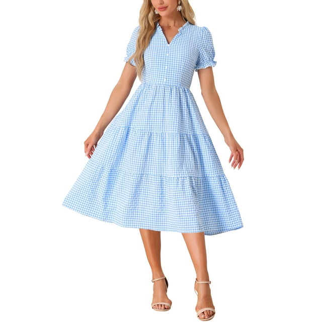 INSPIRE CHIC Robe à Carreaux pour Femme d'Été, Bordure à Volants, Col en V, Décor de Boutons, Robe Midi Fluide, S Bleu
