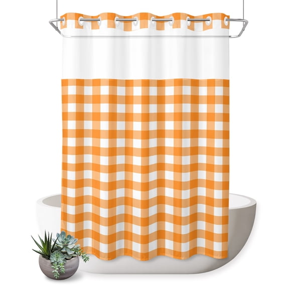 No Hook Shower Curtain, Orange Checked Shower Curtains for Bathroom with See Through Top Window, Farmhouse Buffalo Plaid Country Rustic Waterproof & Washable Bath Curtain Extra Long 72"x96"