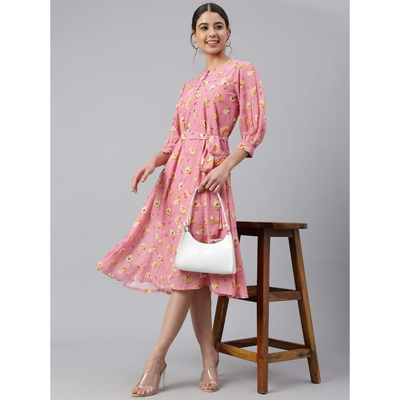Janasya Pink Georgette Floral Print Casual A-line Cuffed Sleeves Round Neck Loose Midi Dress With Belt