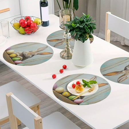 

Round Grid Placemat One Sizex4 Round Placemat PVC Plate Mat，15.4 Inch Non-Slip and Heat Resistant Table Placemat Dining Room Placemat Cute Easter Brown Bunny