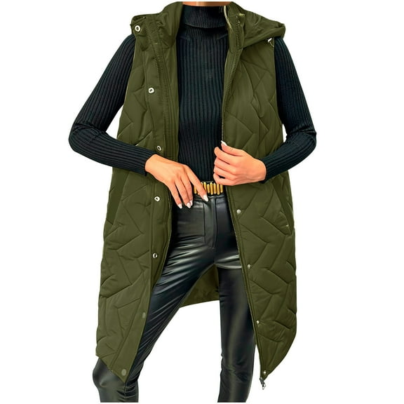 vdgthytj Women's Long Puffer Vest Full Zip Hooded Button down Sleeveless Solid Color down Jacket Coats with Pockets