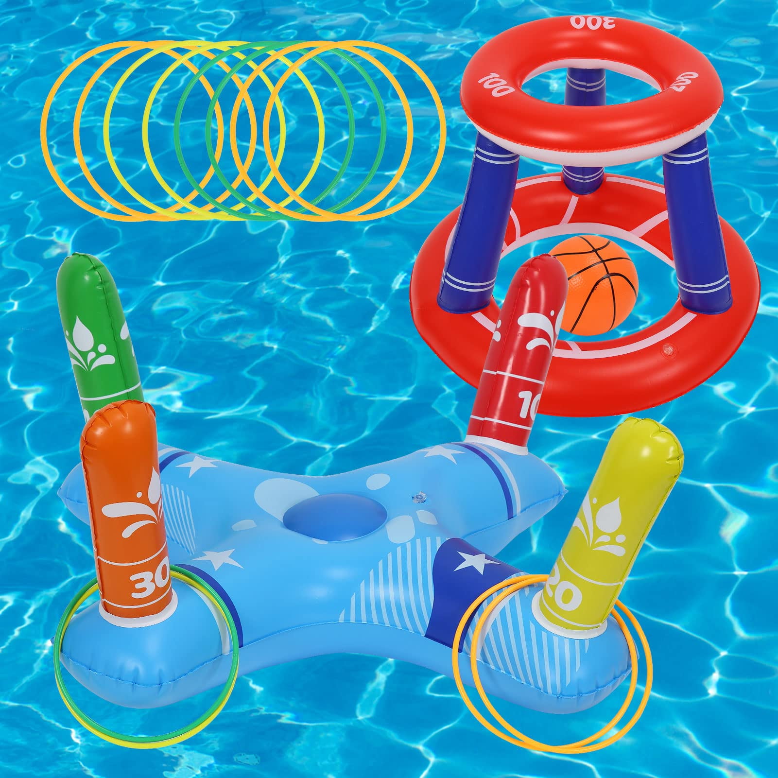 Pool Toys Games Set, Floating Basketball Hoop Inflatable Cross Ring