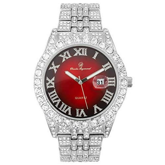 Charles Raymond Big Rocks w/Roman Numerals Fully Iced Out Mens Watch w/Easy Read Date and Colorful Dials- Designer Hip Hop Blinged Out Timepiece - ST10226RND Silver RED