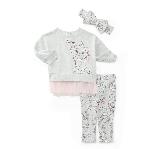 The Aristocats Marie Baby Girls Graphic Tulle Sweatshirt and Printed Leggings with Bow Headband Set, 3-Piece, Sizes 0/3M-24M