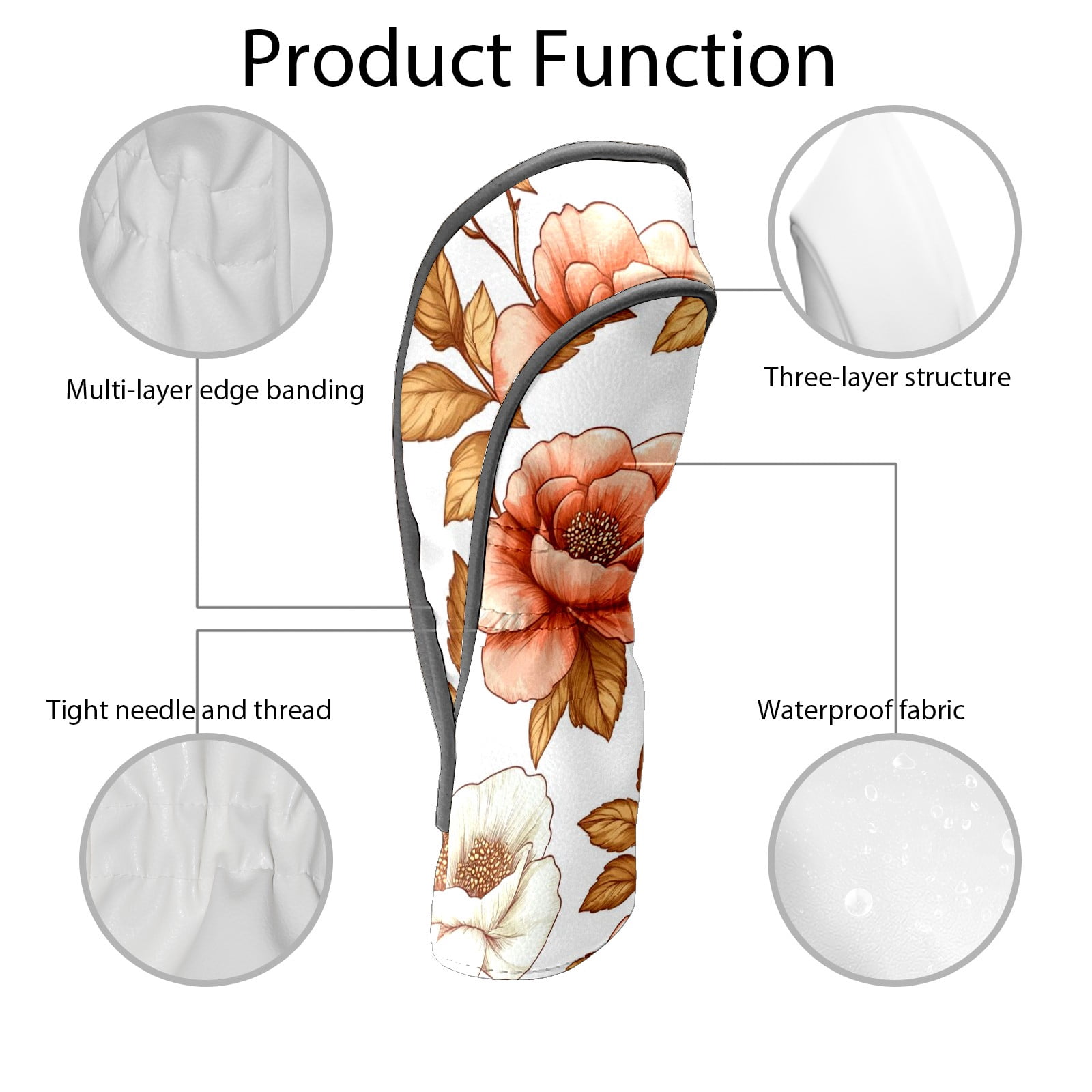 Golf Club Head Covers - Peony Design, PU Leather, Waterproof, Fits Fairway Woods/Hybrid, Unisex, Fits Most Brands