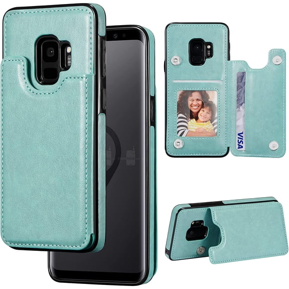 Compatible with Samsung Galaxy S9 Wallet Case with Card Holder, PU Leather Kickstand Card Slots Case,Double Magnetic Clasp Durable Shockproof Cover,Green