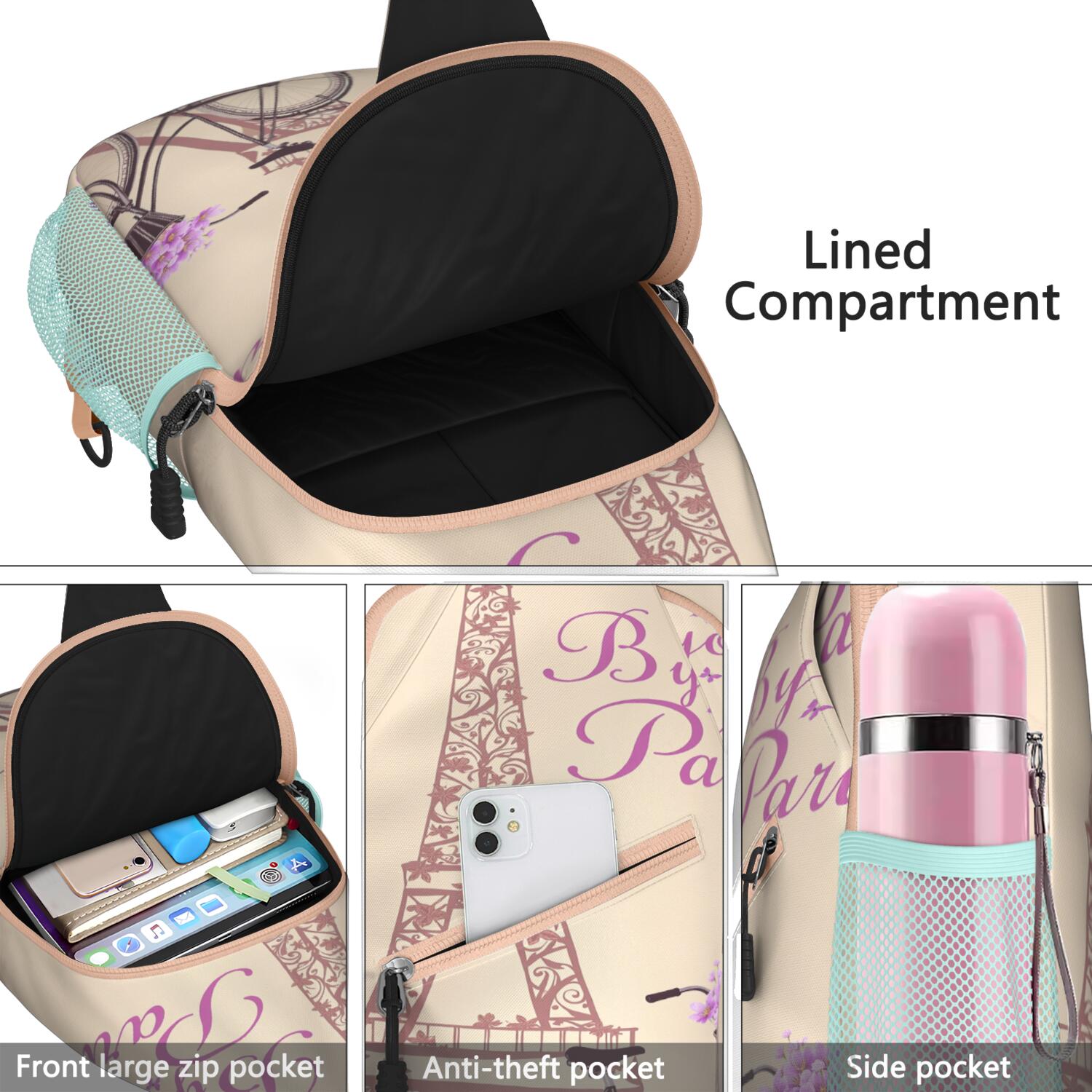 Sling Backpack Trendy Sling Backpack Paris () Gym Sports Travel Hiking Daypack Casual Bag for Women Men