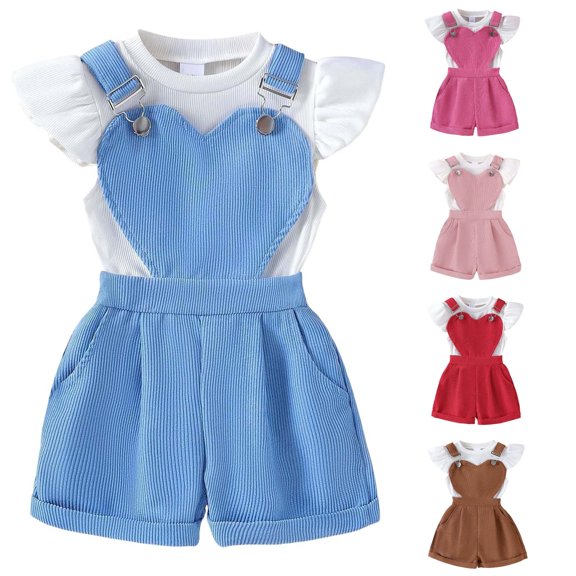 Girls Summer Outfit Cute Sleeveless Top With Heart Detail Denim Overalls Shorts Toddler Two Piece Set Girls Casual Outfit Sets