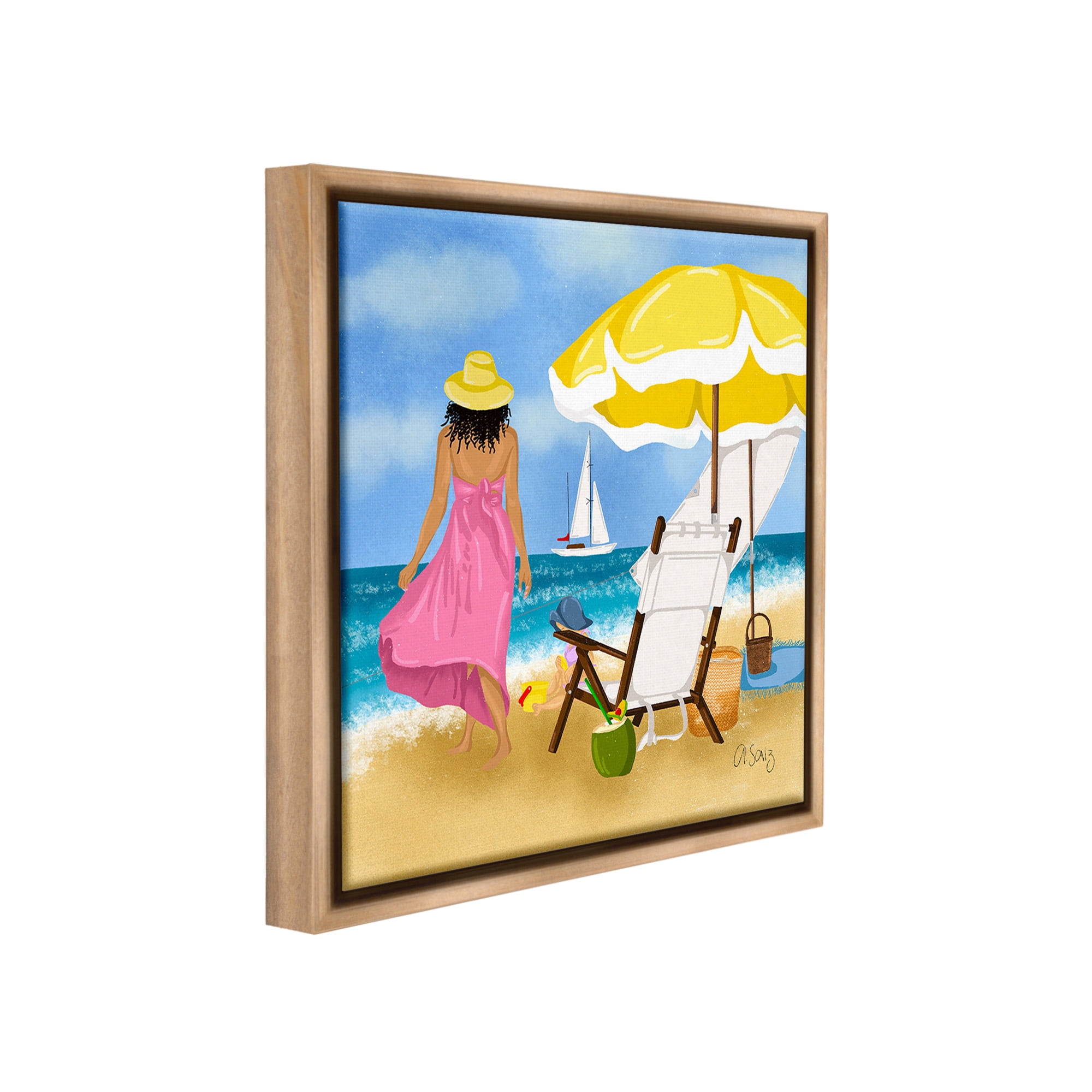 Stupell Industries Woman Strolling Beach Landscape Painting Brown Floater Framed Canvas Art Print Wall Art, 18 x 18