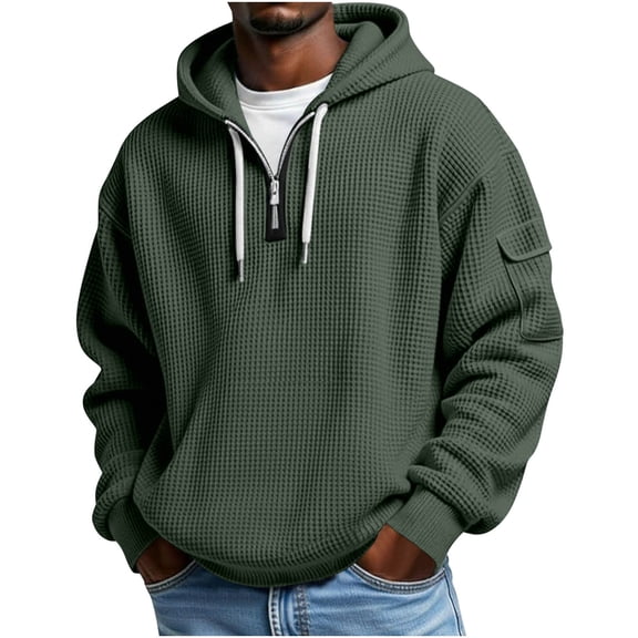Chiccall Men's Quarter Zip Hoodie with Sleeve Pocket Textured Knit Casual Fashion Loose Hooded Pullover Sweatshirts