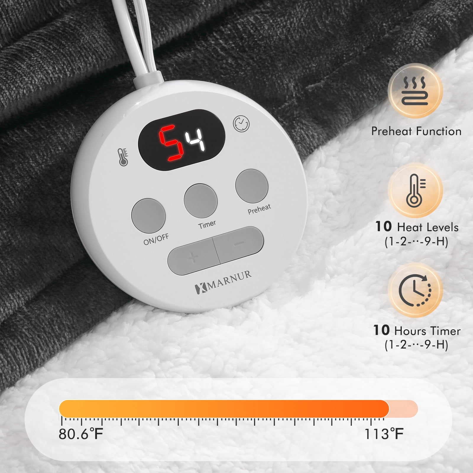 MARNUR Electric Heated Blanket King Size 90''x100'', Fast Heating with Dual Controllers, 10 Heating Levels, 10H Timers, Preheat Function - Dark Gray