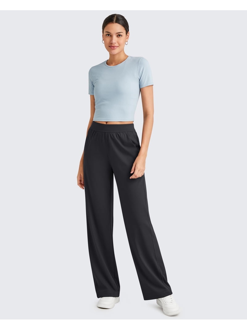 Wide Leg Yoga Pants  G4free Stretchy Dressy Work Trousers Black / L / Petite (27)