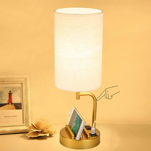 Lámpara de mesa con táctil USB, lámpara de noche mejorada de 3 vías regulables con puertos de carga USB C y A y tomacorriente de CA, lámpara de mesita para dormitorio, bombilla