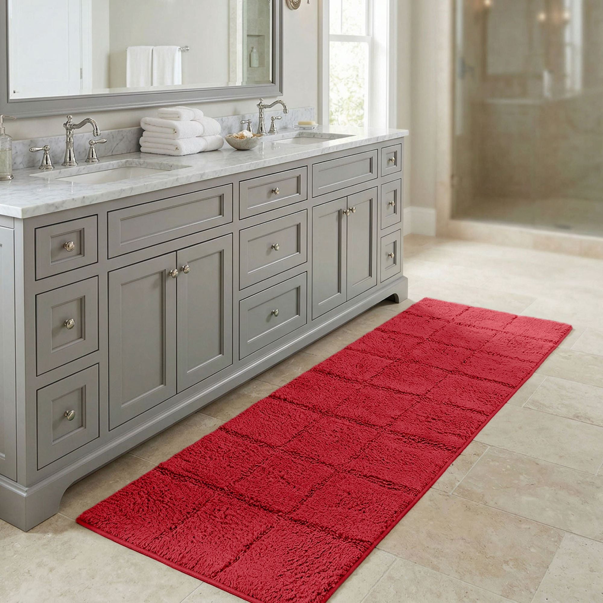 Superior Checkered Cotton Washable Non-Slip Bath Rug, Runner Size, Burgundy